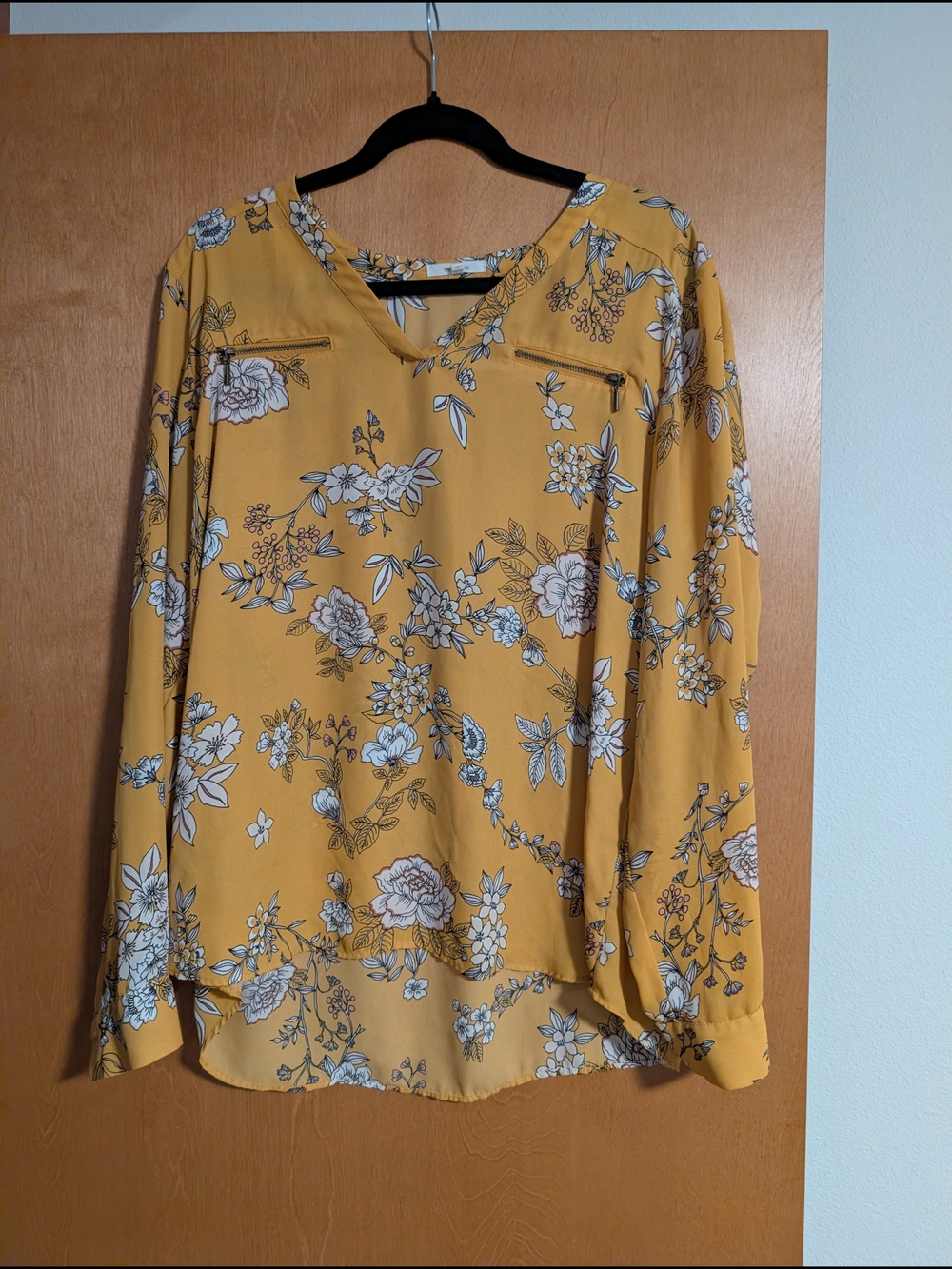 Maurices Women's Mustard Floral V-Neck Long Sleeve Blouse